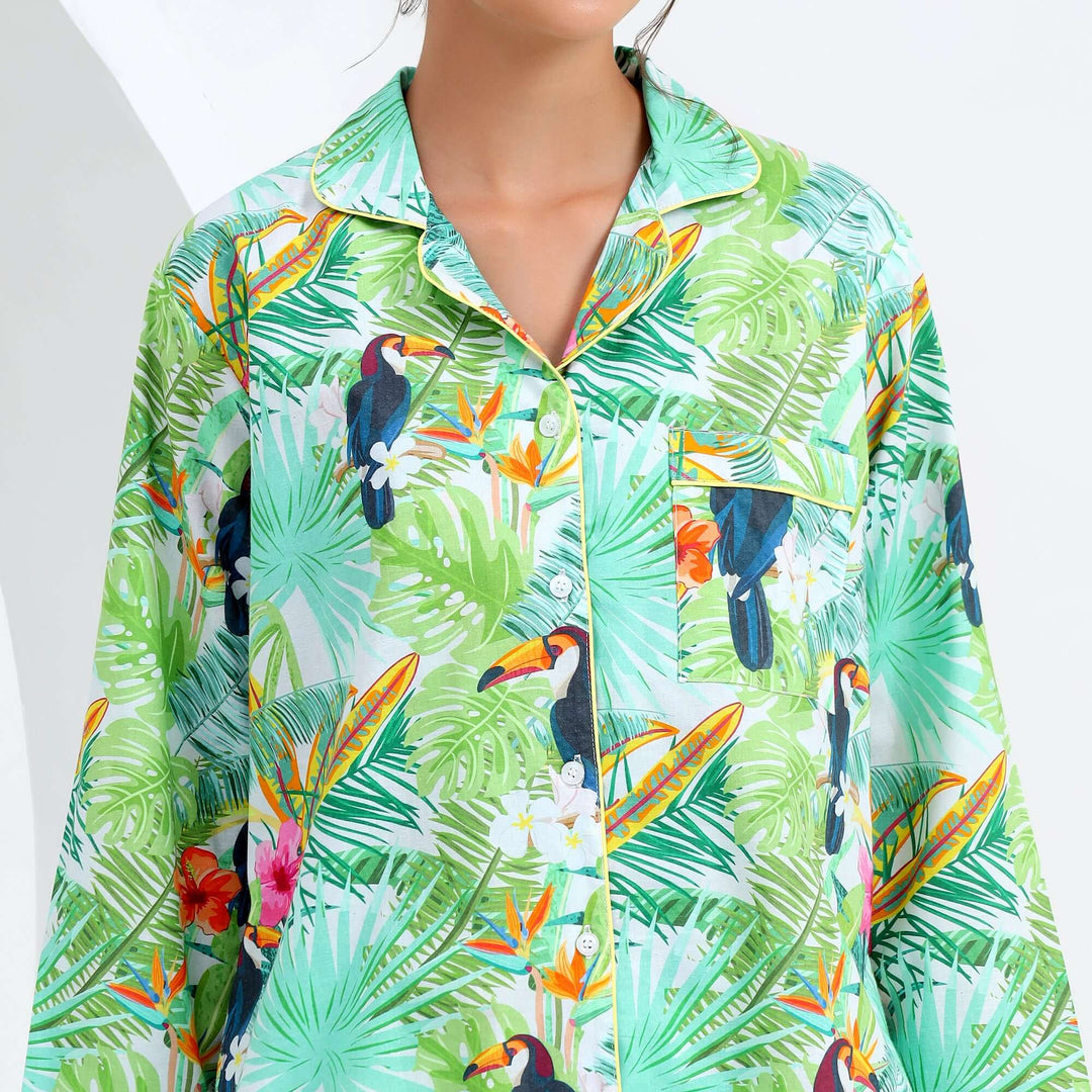 Tropical Print Indian Pajamas for Women featuring vibrant tropical patterns and a relaxed fit, perfect for summer comfort.