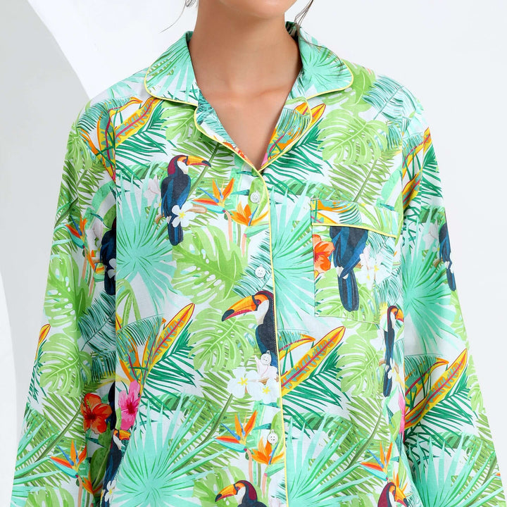 Tropical Print Indian Pajamas for Women featuring vibrant tropical patterns and a relaxed fit, perfect for summer comfort.