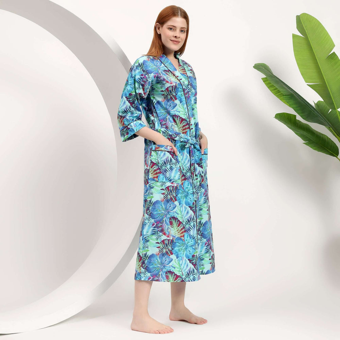 Long robe women's Indian cotton kimonos bird print robe women