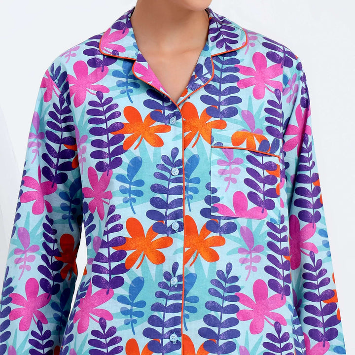 Close-up of the Handmade Indian Pajama PJ Set featuring vibrant tropical leaf print in varied colors.