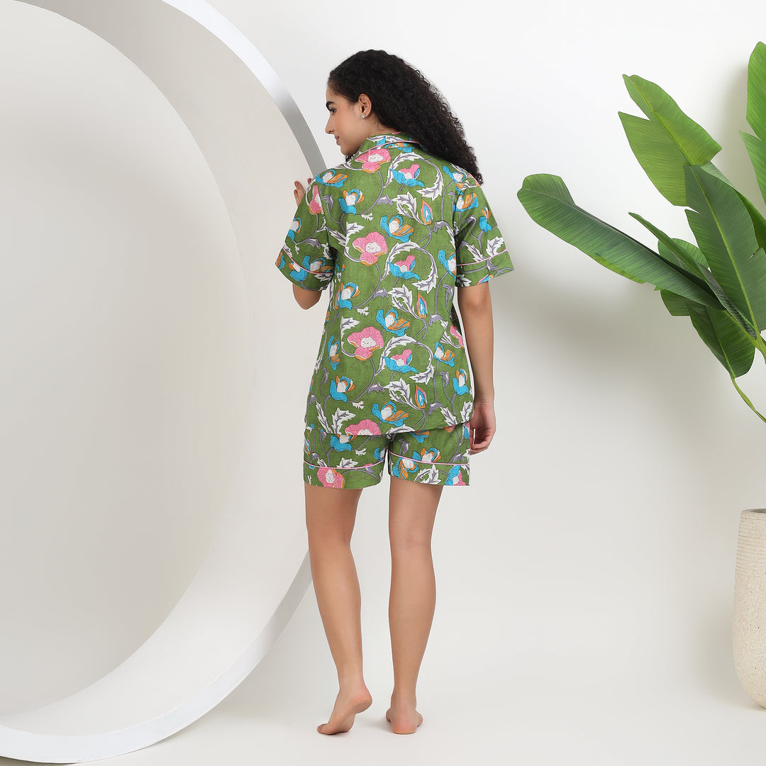 Women's lightweight cotton pajama shorts set floral print