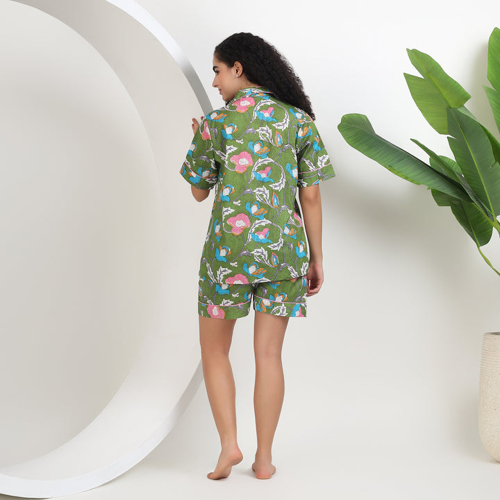 Women's lightweight cotton pajama shorts set floral print