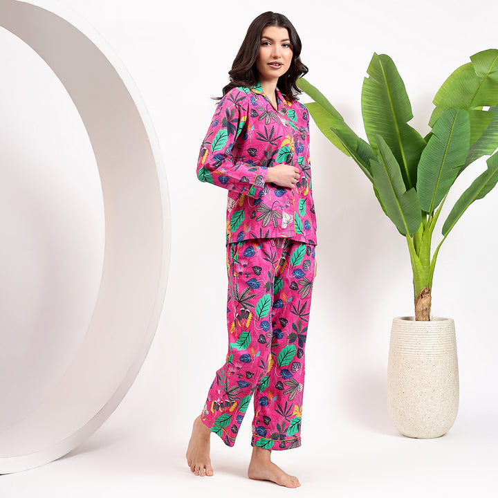 Comfortable floral cotton pajama set – tropical print PJs for women