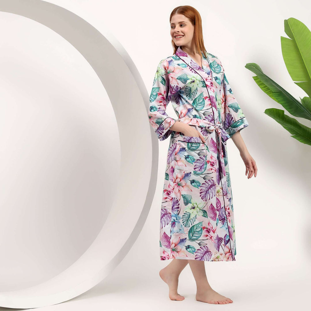 Tropical Ki-Mono Women's Bathrobe | Floral Japanese Kimonos – Indolibas
