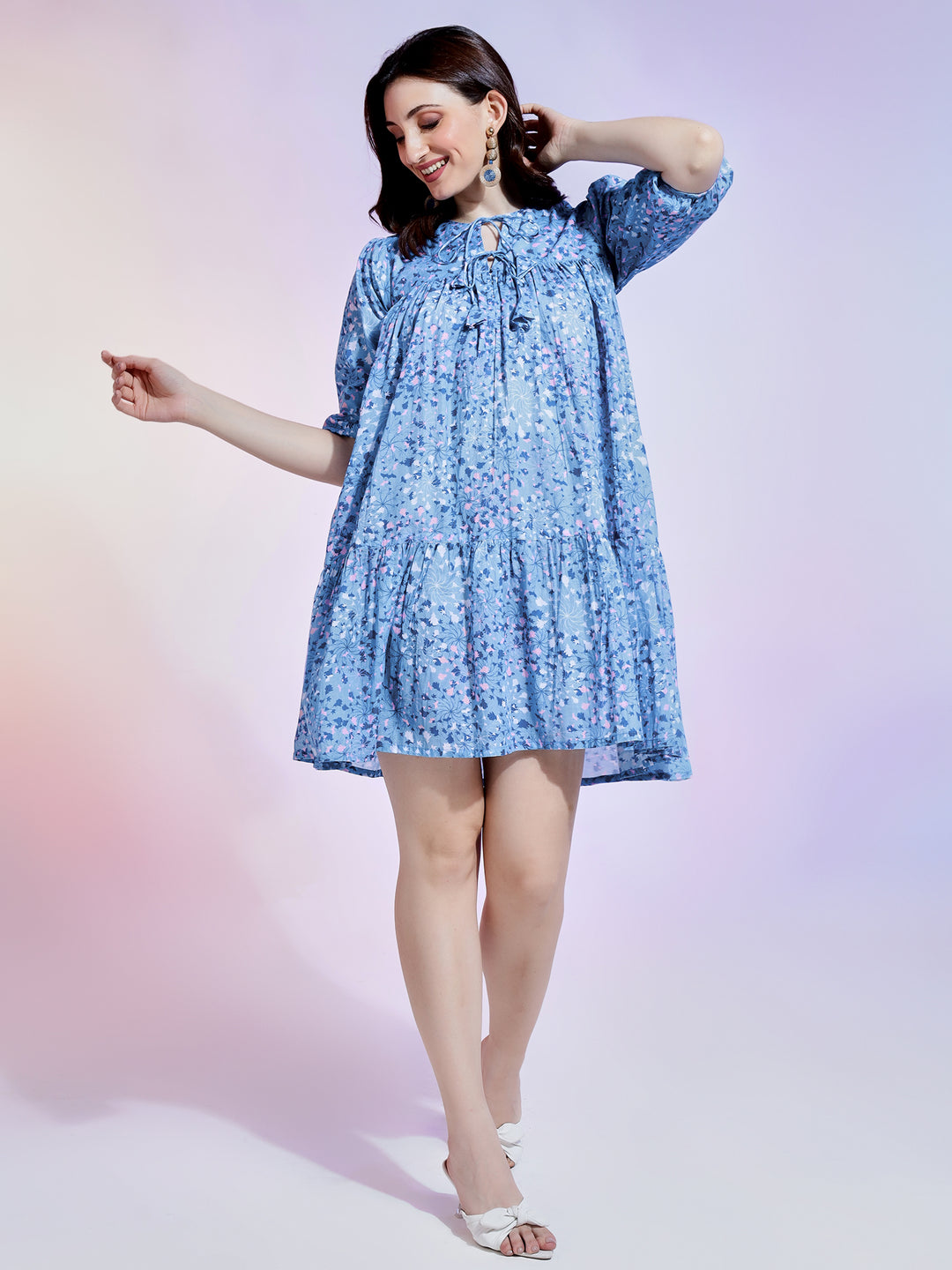 Wholesale Dress: Mini Cotton Blue With Boho Fluffy Style