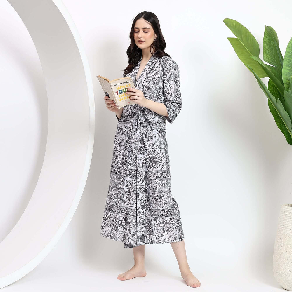Block print cotton kimono dressing gown