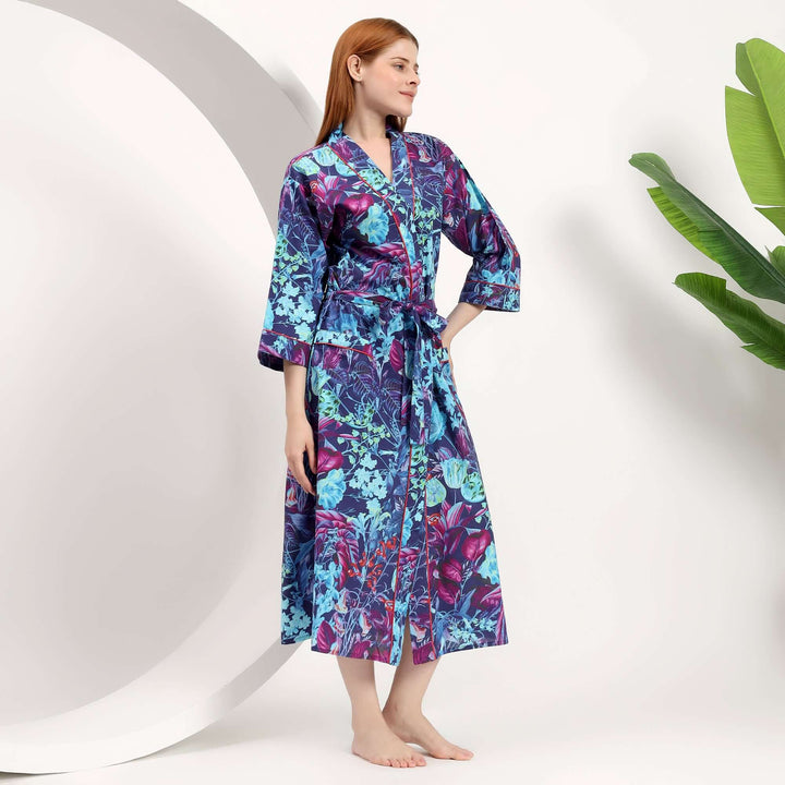 Robe for women Indian cotton dressing gown floral bird print