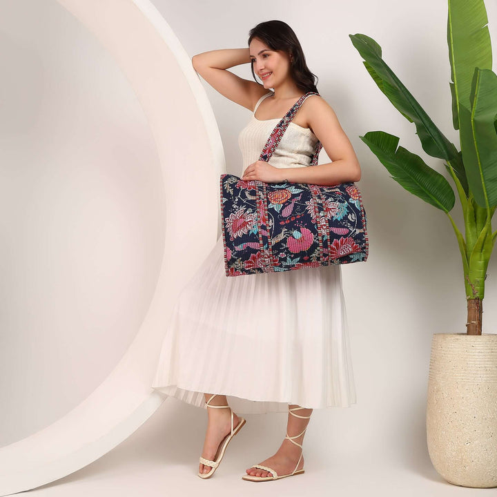Quilted floral cotton tote bag for grocery shopping and everyday use