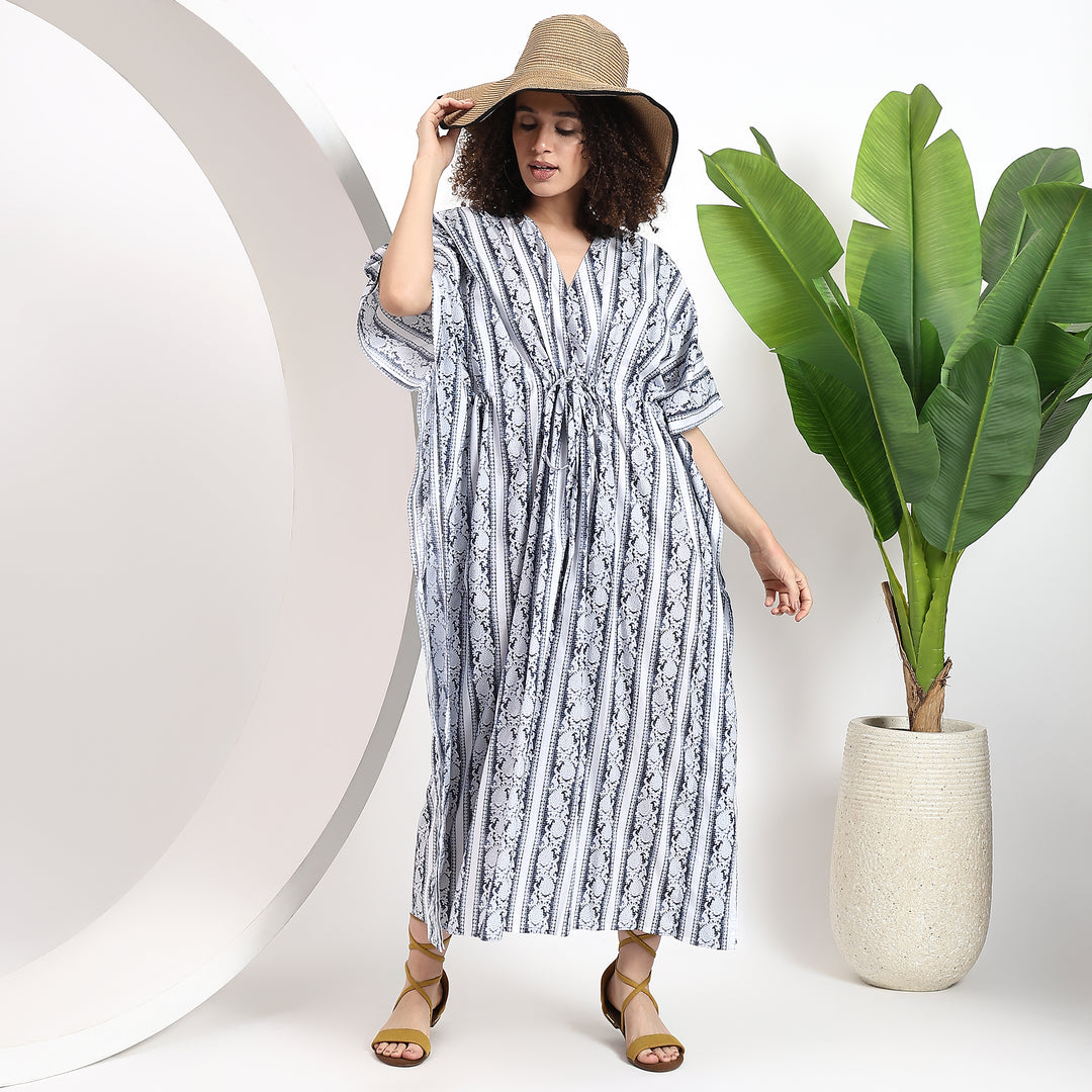 Gray striped border print vintage kaftan, highlighting its flowing silhouette and intricate border detailing