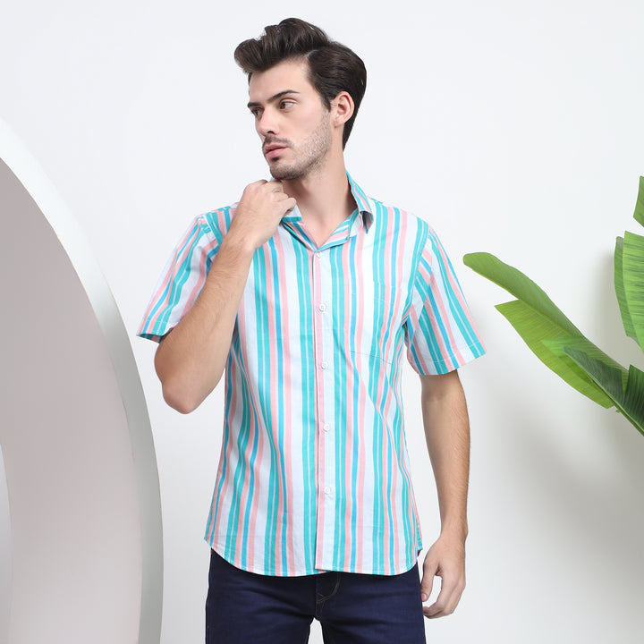 Men’s casual shirt with a vibrant blue and white striped design, perfect for a weekend vibe.