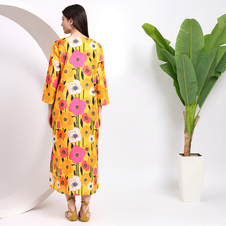 Yellow Blooms: Floral Midi Dress with Flirty Side Cuts