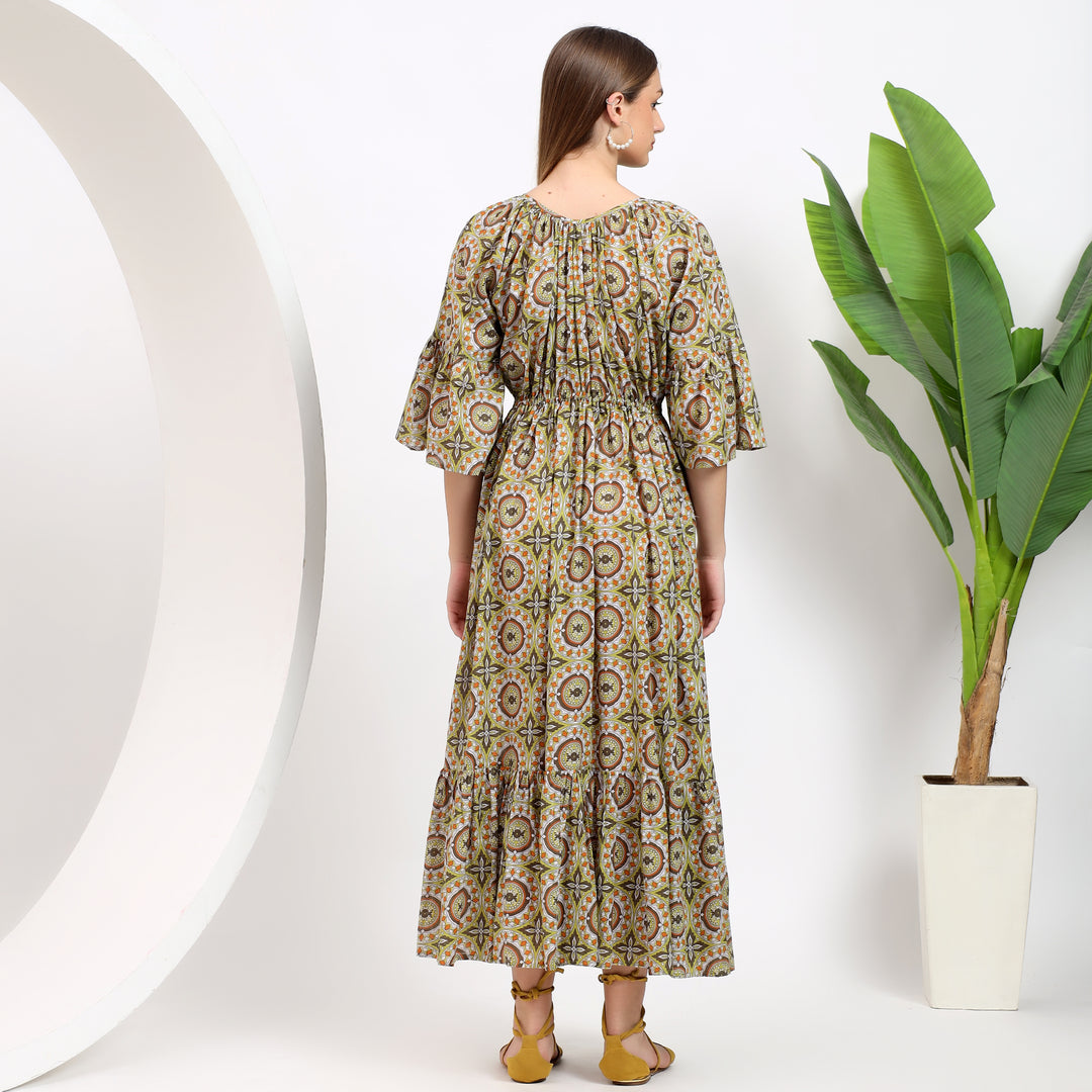 Back view of the Claudia Mustard Handblock Cotton Maxi Dress highlighting its flowing silhouette and breathable cotton fabric.