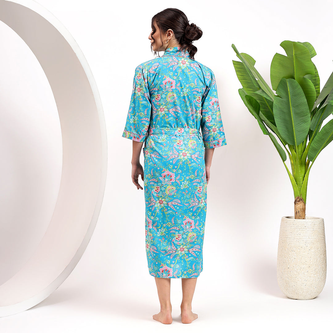 Handmade boho cotton robe – floral block print kimono loungewear