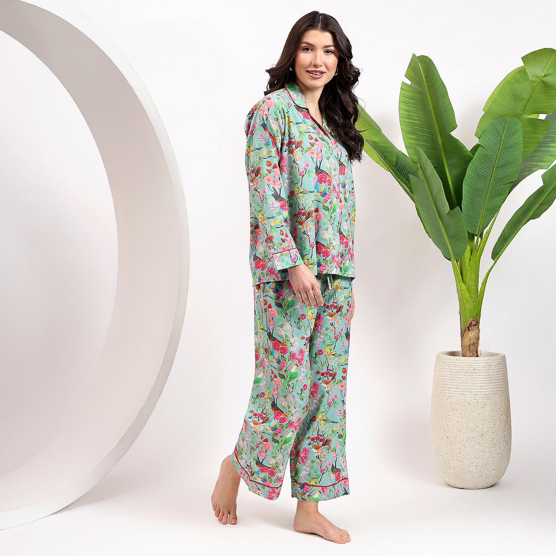 Soft cotton floral print PJ set – comfortable block print sleepwear