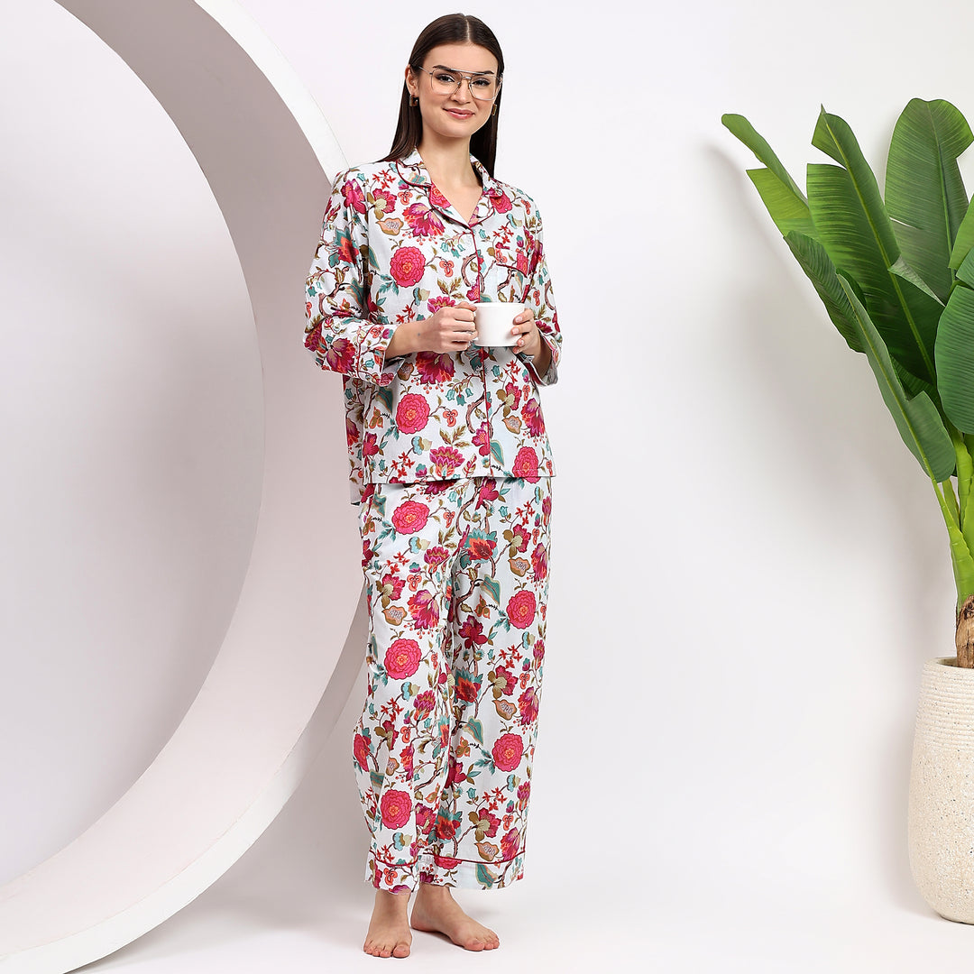 Floral Print Pajama Set for Women – Block Print Cotton PJs & Pajamas