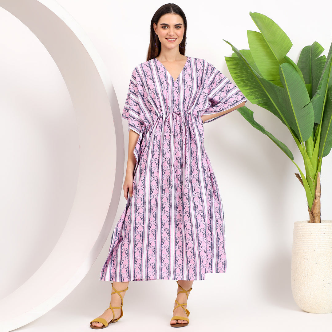 Comfortable plus size striped kaftan dress with adjustable waist tie