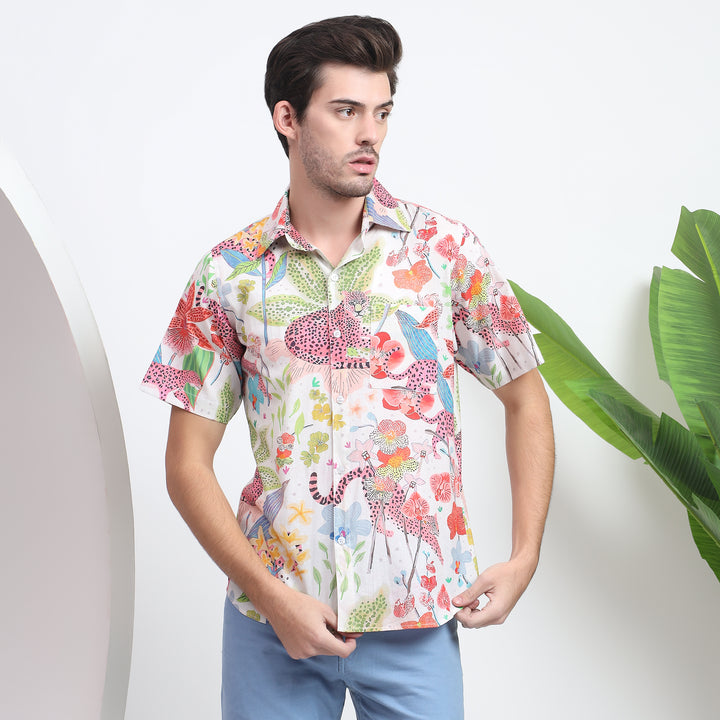 Unique jungle-themed shirt for men with vibrant tiger print, ideal for casual and laid-back occasions.