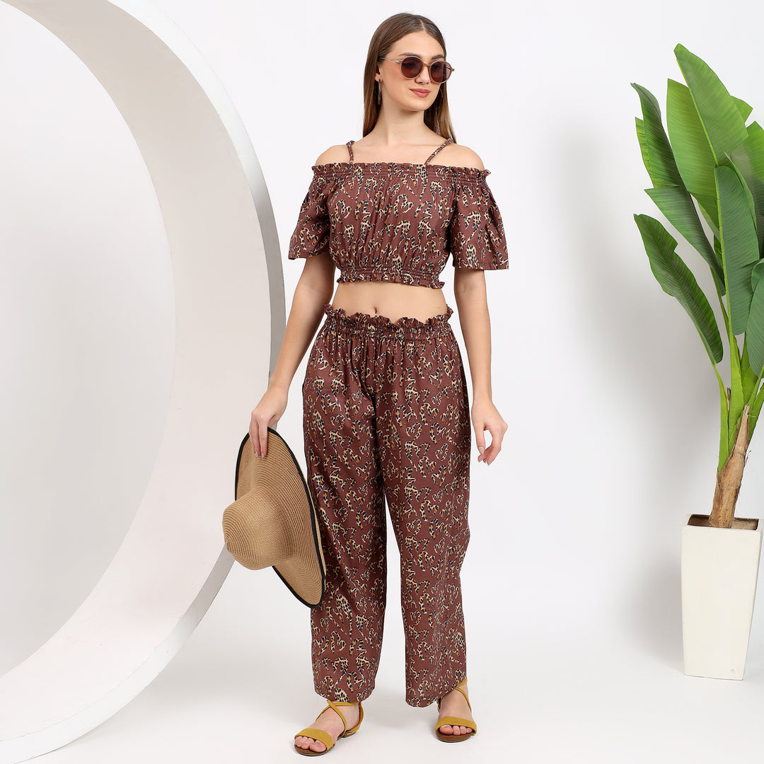 Brown abstract print off-shoulder top and pant for a trendy summer look