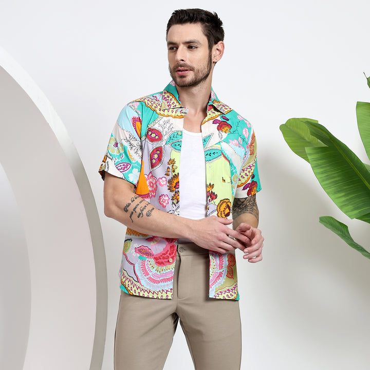 Men’s pure cotton shirt with eye-catching multi-colored digital prints