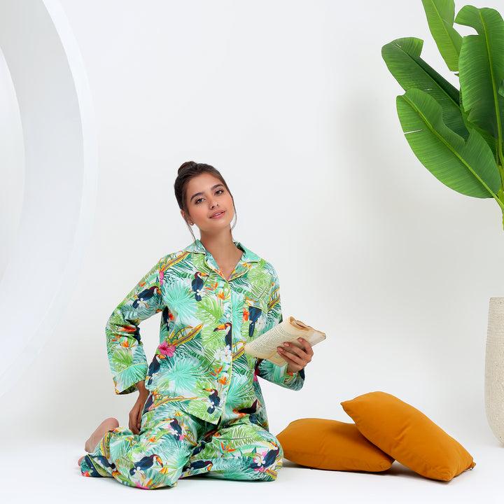 wholesale-pure-cotton-bird-print-green-pajama-sets-from-5-pieces