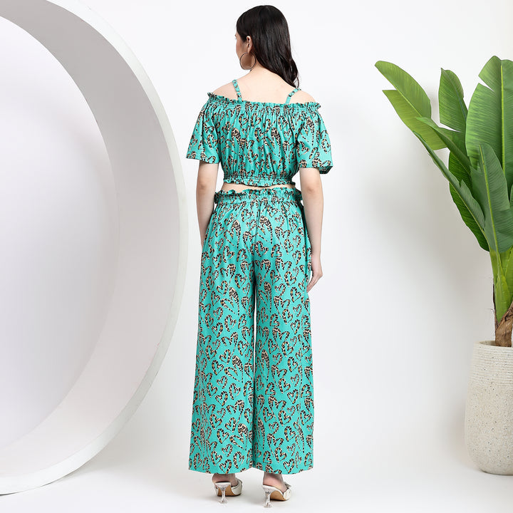 Back view of off-shoulder top and wide-leg pants, relaxed and breathable