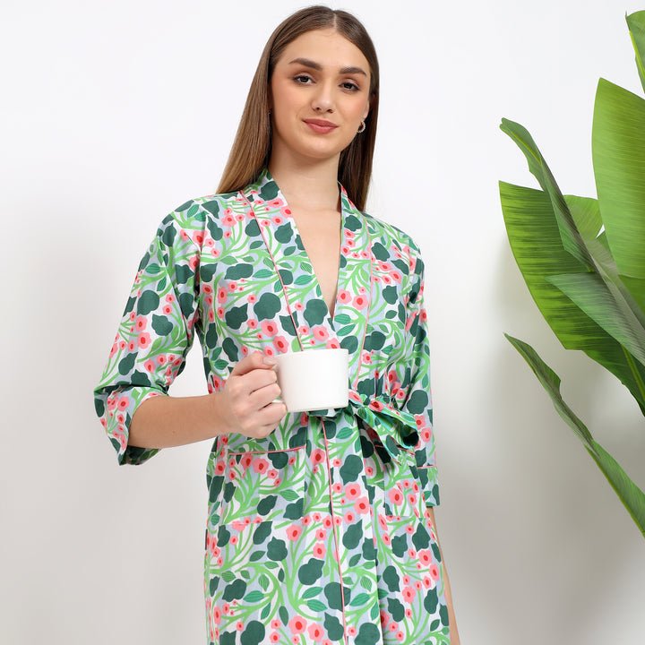 Boho floral print robe – kimono style cotton dressing gown