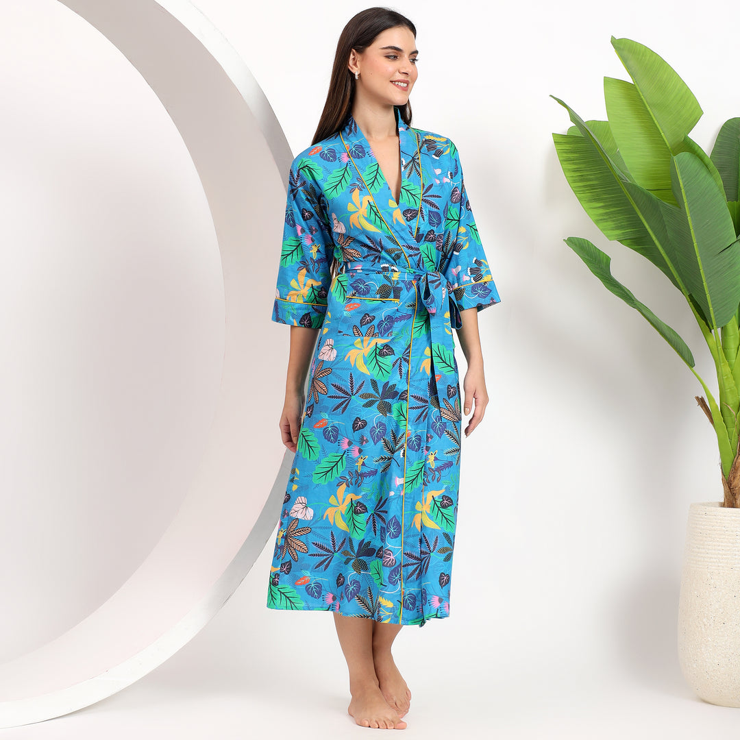 Feminine blue floral kimono-style cover-up for beach and resort wear