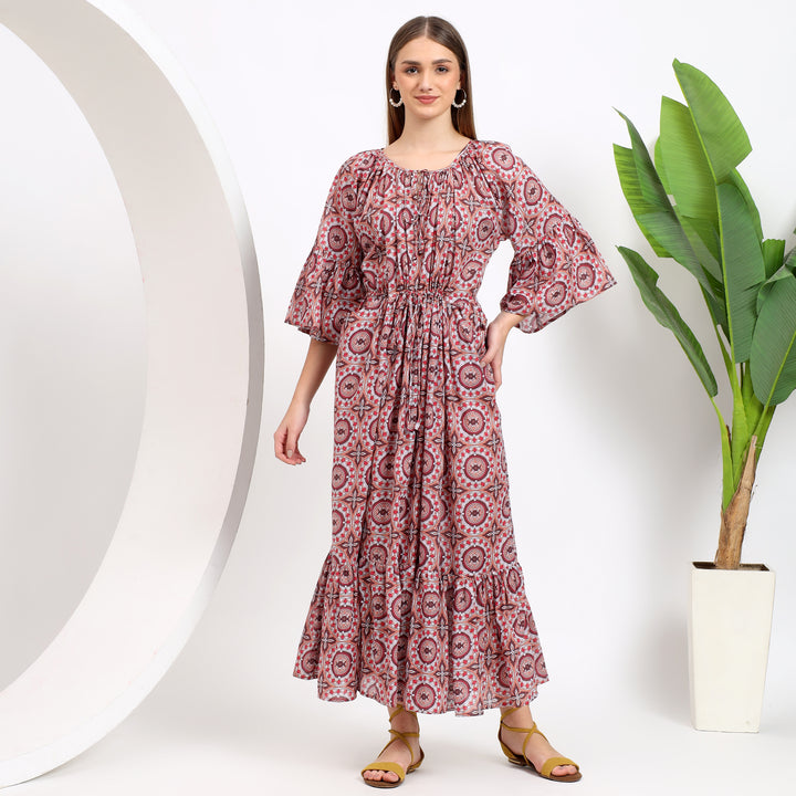 Claudia Rust Handblock Cotton Maxi Dress showcasing the front design with intricate handblock prints in Rust tones.