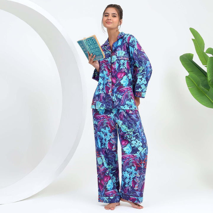 Indian Pajamas for Women in vibrant floral print, featuring a comfortable cotton PJ set for stylish loungewear.