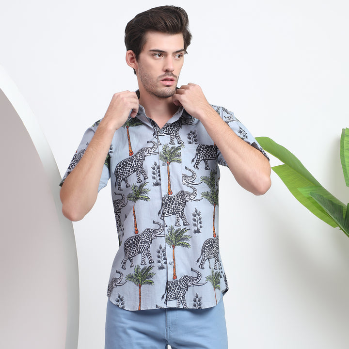 Casual jungle elephant print shirt for men with a unique and fun design