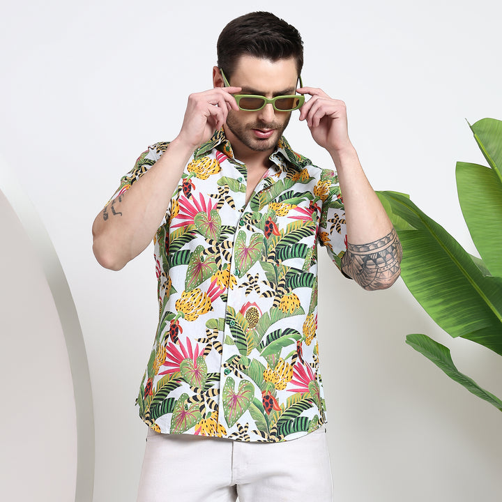 Men’s tropical print shirt with vibrant, exotic patterns