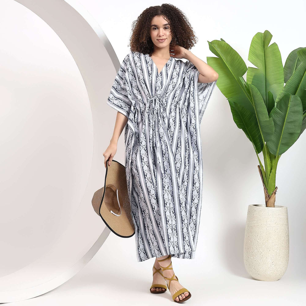 Vintage stripe block print cotton kaftan dress