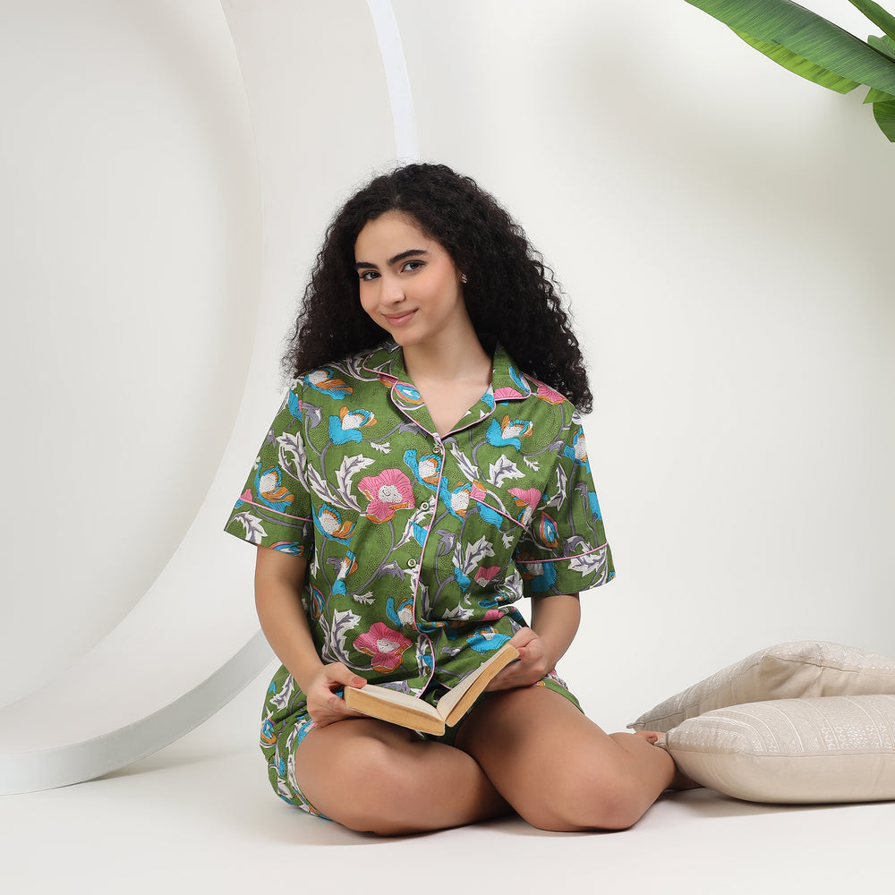 Indolibas green floral cotton pajama shorts set for women