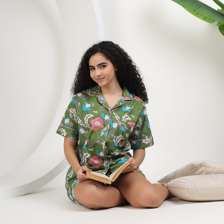 Indolibas green floral cotton pajama shorts set for women