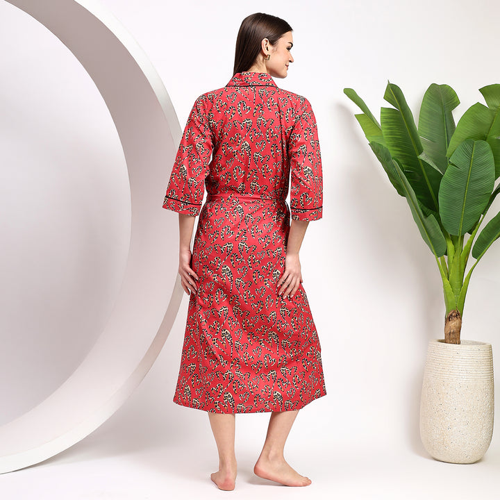 Leopard print kimono robe – block print cotton dressing gown for women