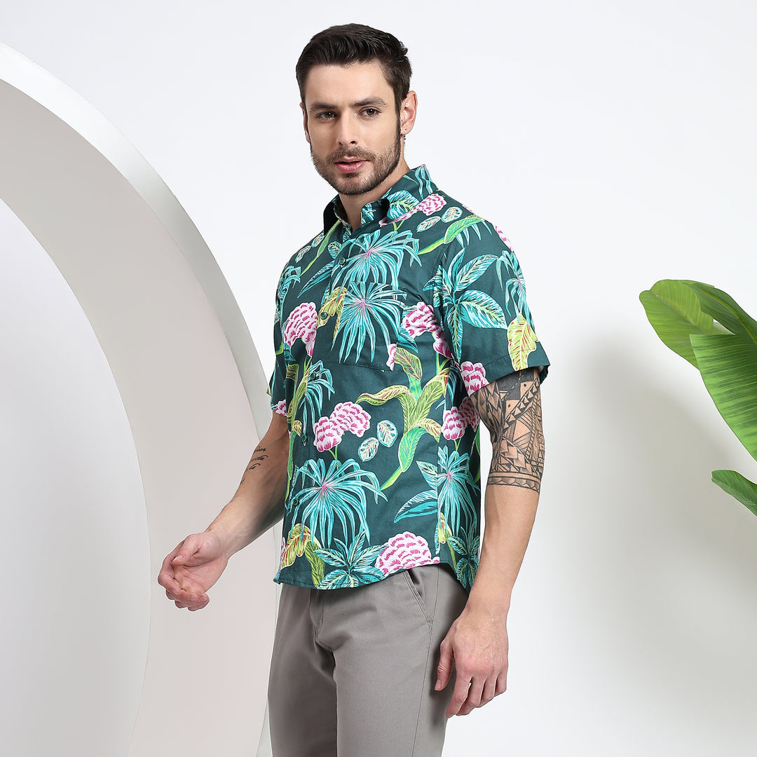 Trendy tropical print green shirt for men, designed for comfort and style