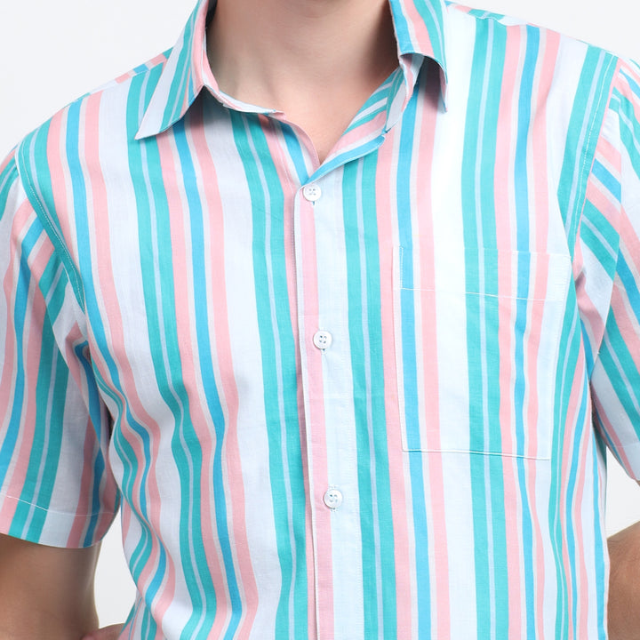 Button-down feature on the blue and white striped shirt for men, great for laid-back summer days