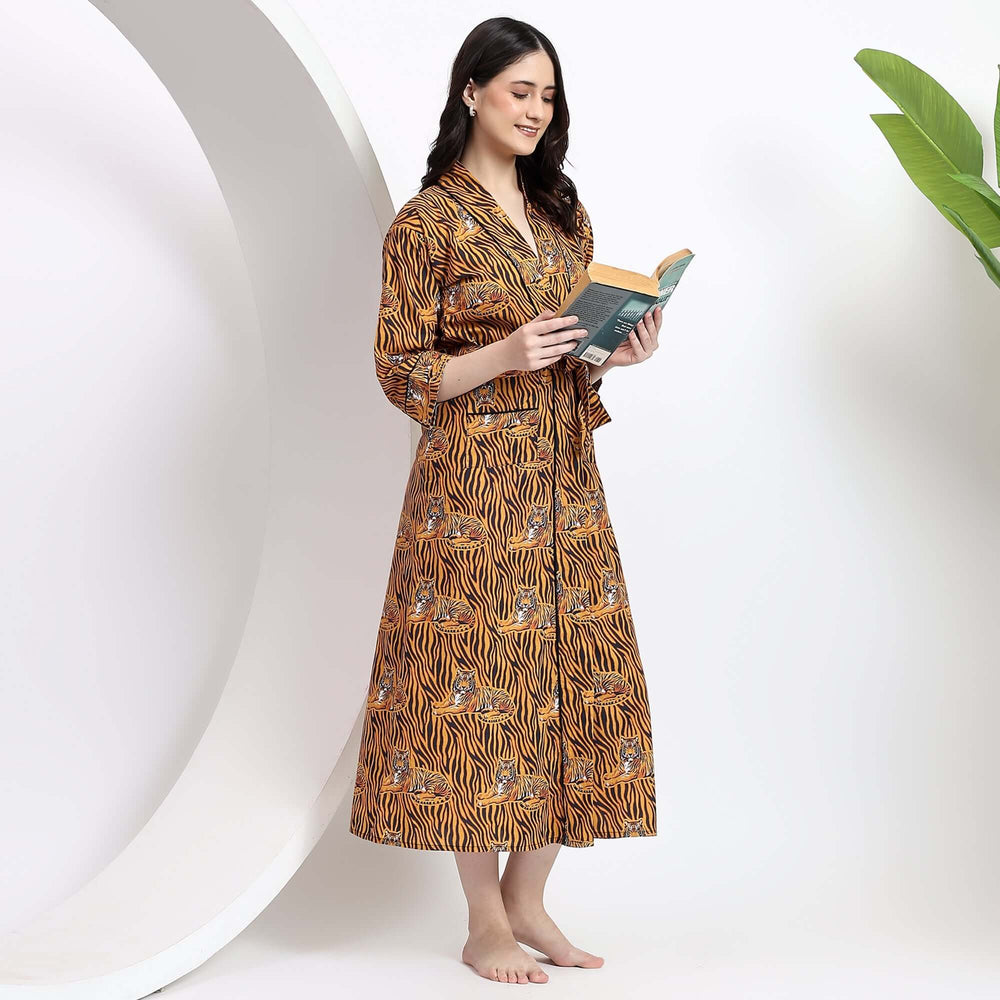 Tiger print cotton kimono robe – handmade block printed dressing gown for women with bold animal patterns