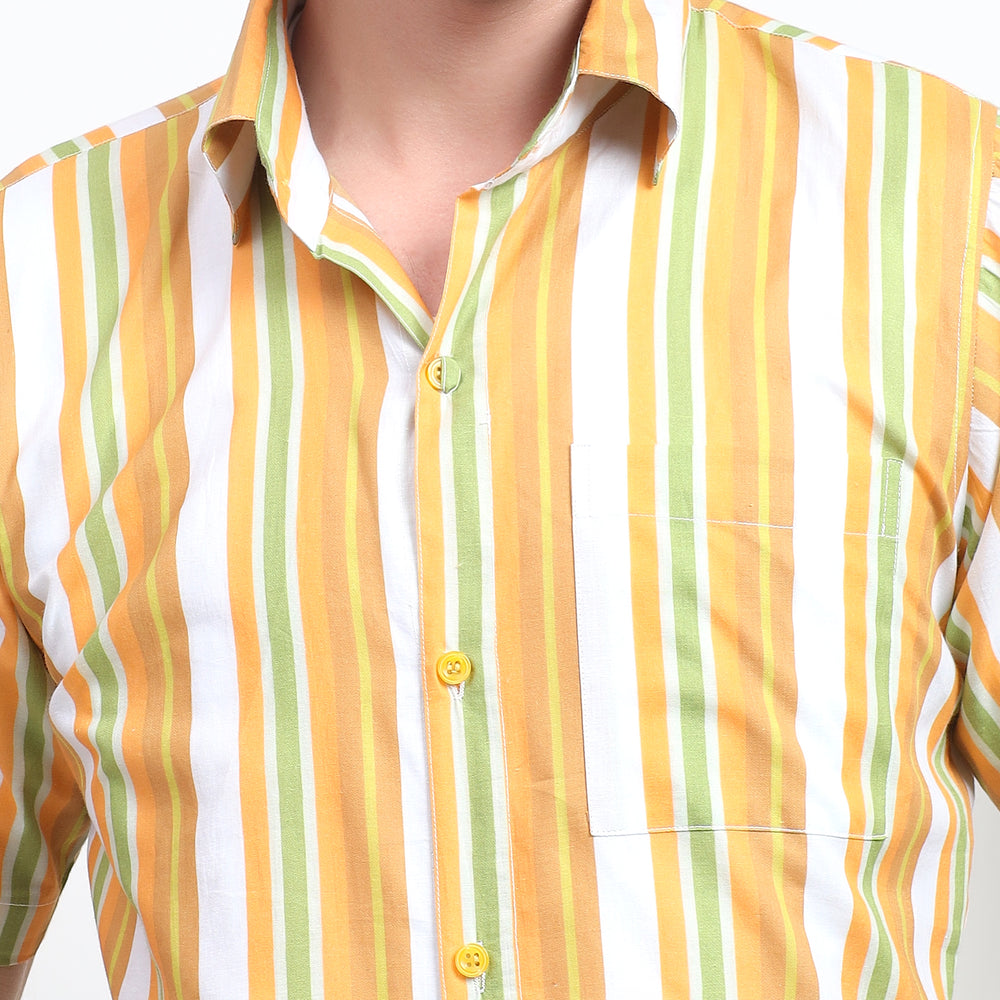 Button-down design on the gold-striped shirt for men, perfect for sunny weather