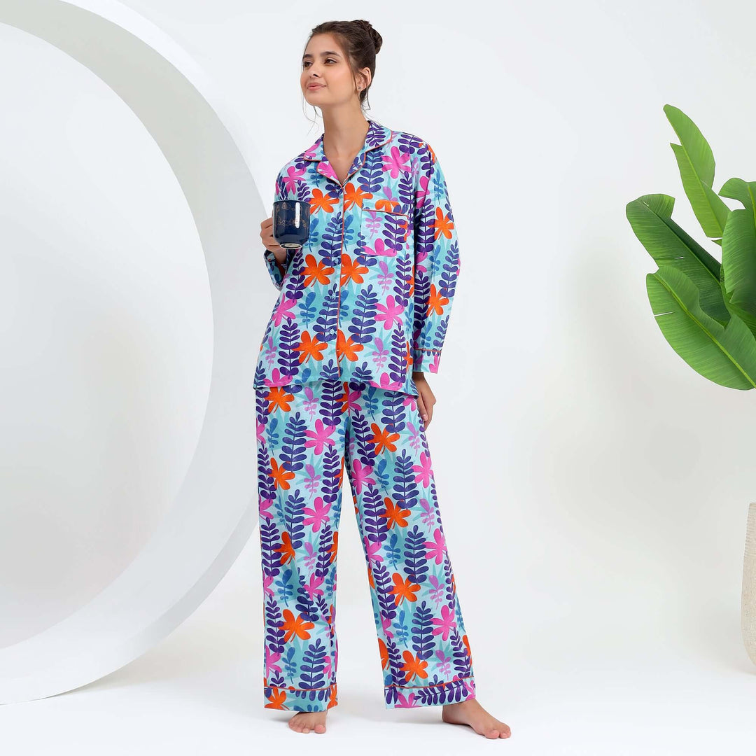 Handmade Indian Pajama PJ Set featuring a vibrant tropical leaf print, perfect for comfortable sleepwear.
