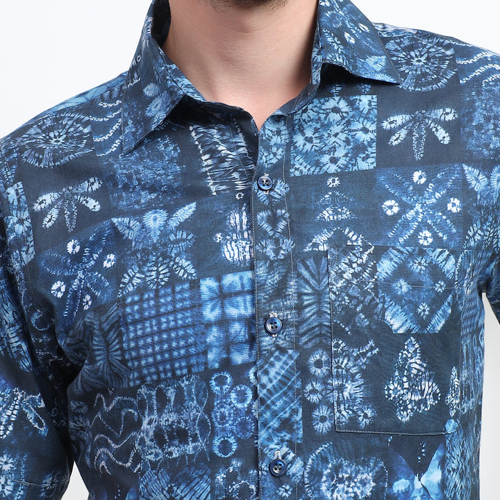 Indigo shirt featuring intricate artisan prints, perfect for a cultural, casual outfit