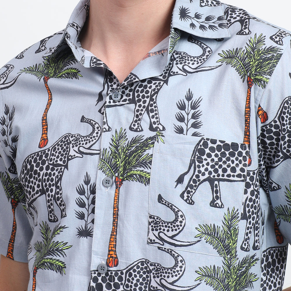 Close-up of the jungle elephant print shirt for guys, showcasing vibrant details