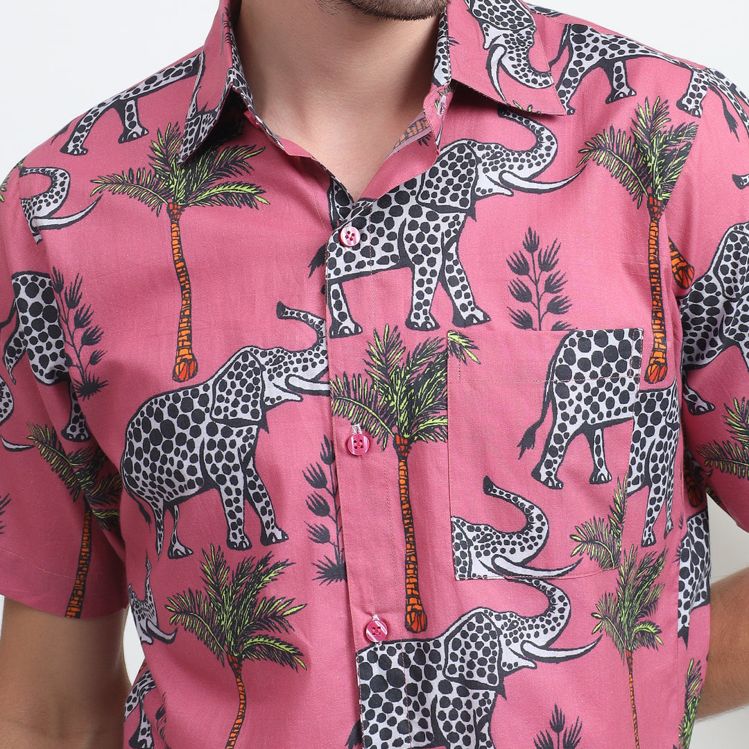 lose-up of the bold animal pattern on a men’s Cuban collared summer shirt.