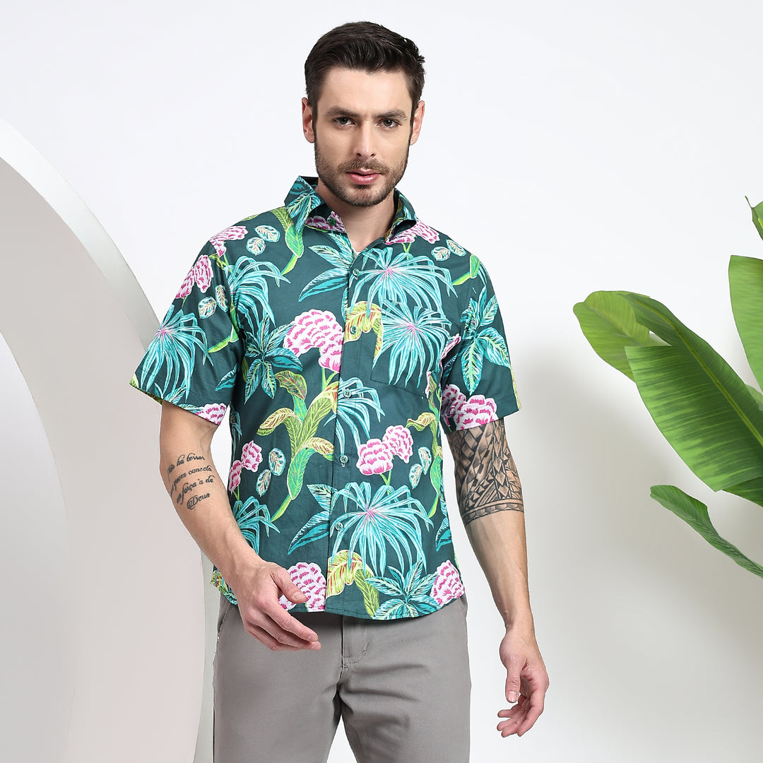 Model wearing a summer-ready Hawaiian shirt with a modern slim fit