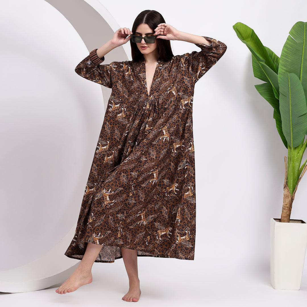 Wild Chic: Deep V-Neck Brown Tiger Print Midi Dress