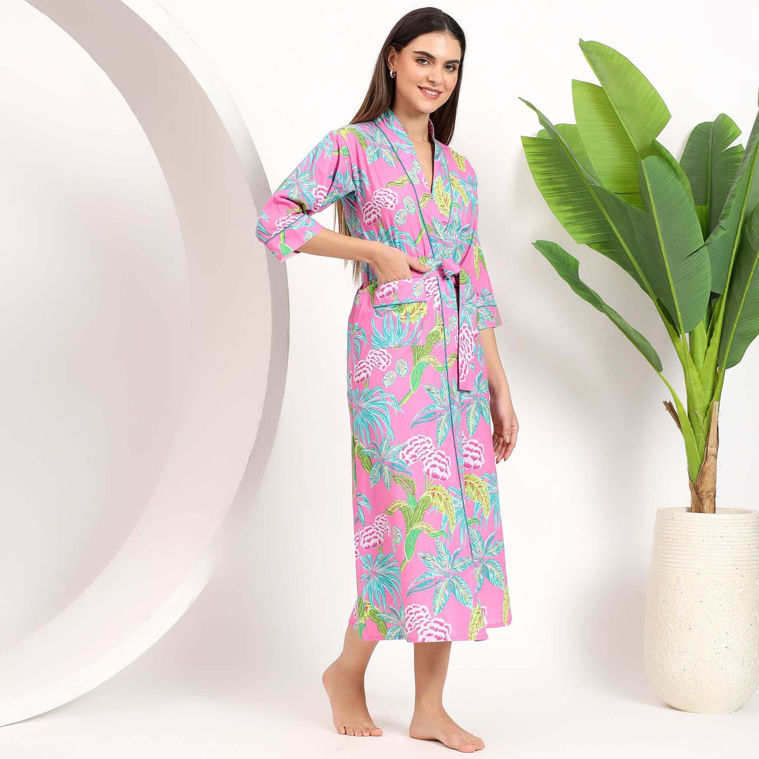 Tropical Print Kimono – Dressing Gown Cotton Robe for Women L / Pink Tropical Print Kimono – Dressing Gown Cotton Robe for Women L / Pink