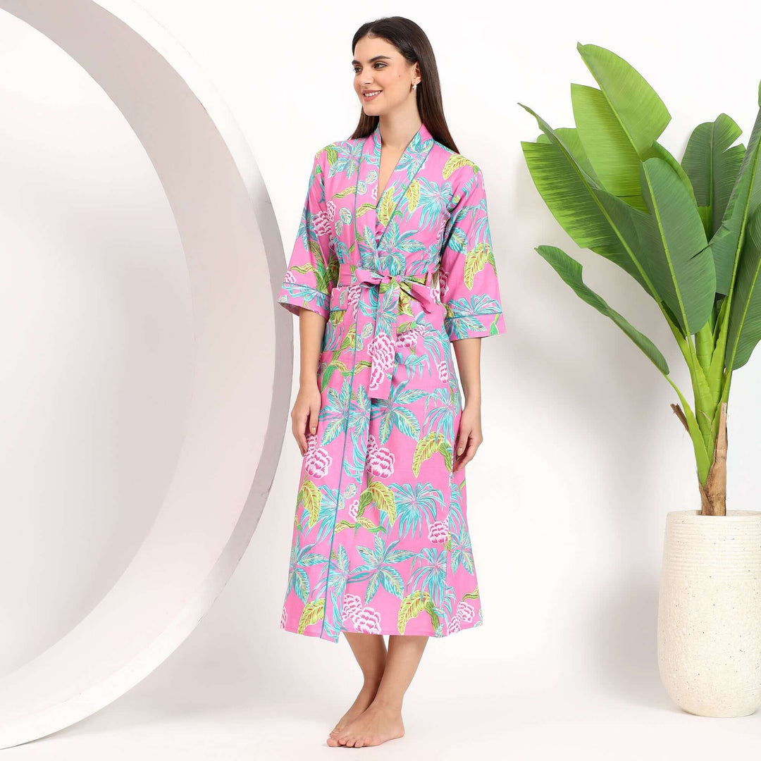 Tropical Print Kimono Dressing Gown Cotton Robe for Women L / Pink Tropical Print Kimono Dressing Gown Cotton Robe for Women L / Pink