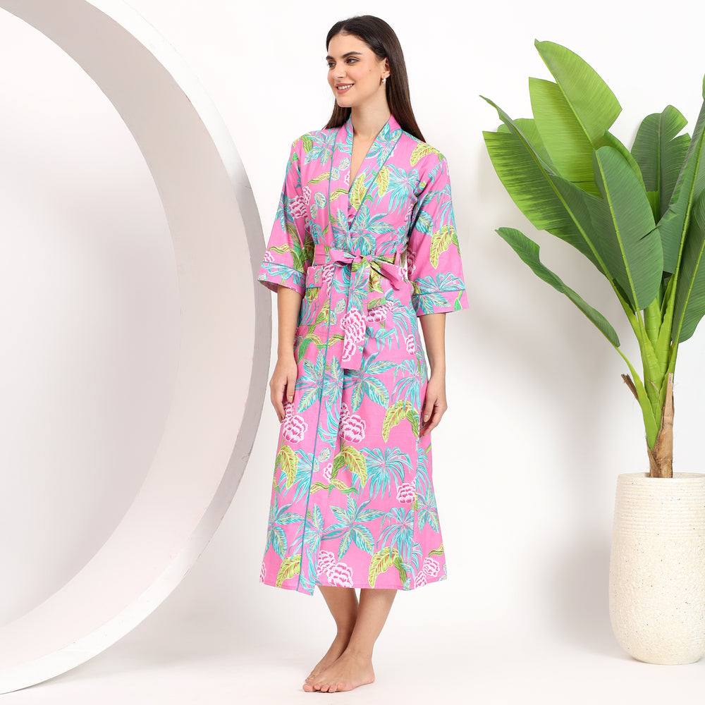 Soft cotton jungle print kimono robe, ideal for bath or lounge wear