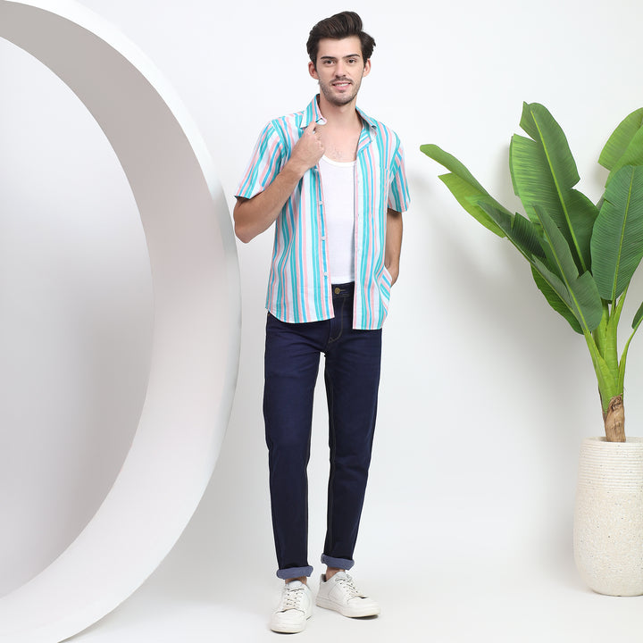 Timeless men’s top with alternating blue and white stripes, ideal for office or casual wear