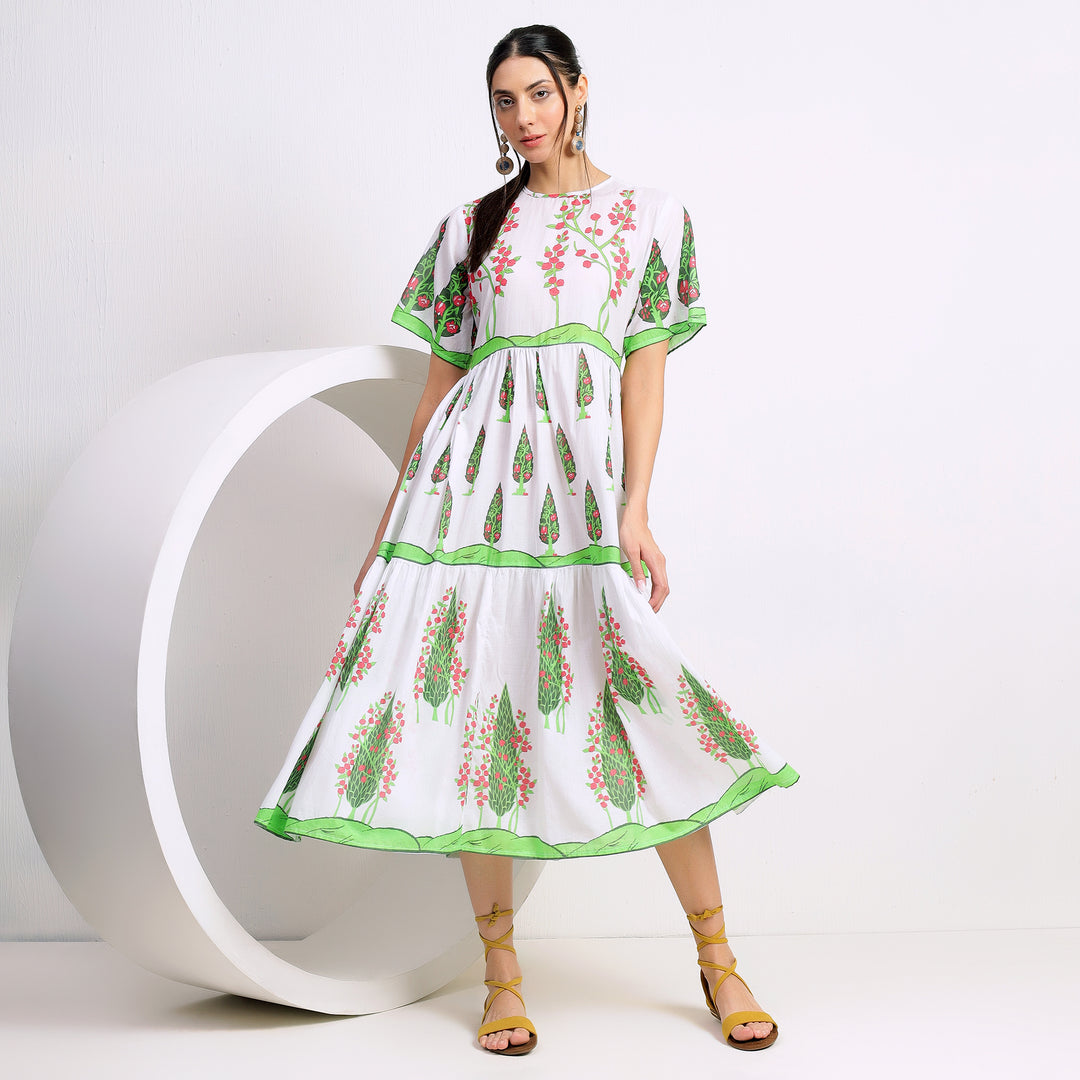 Artisan Blooms: Floral Buta Hand Block Inspired Tiered Midi Dress